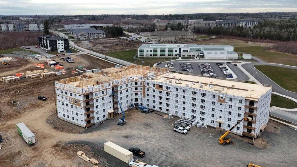 Aerial view of the completed frame from the south