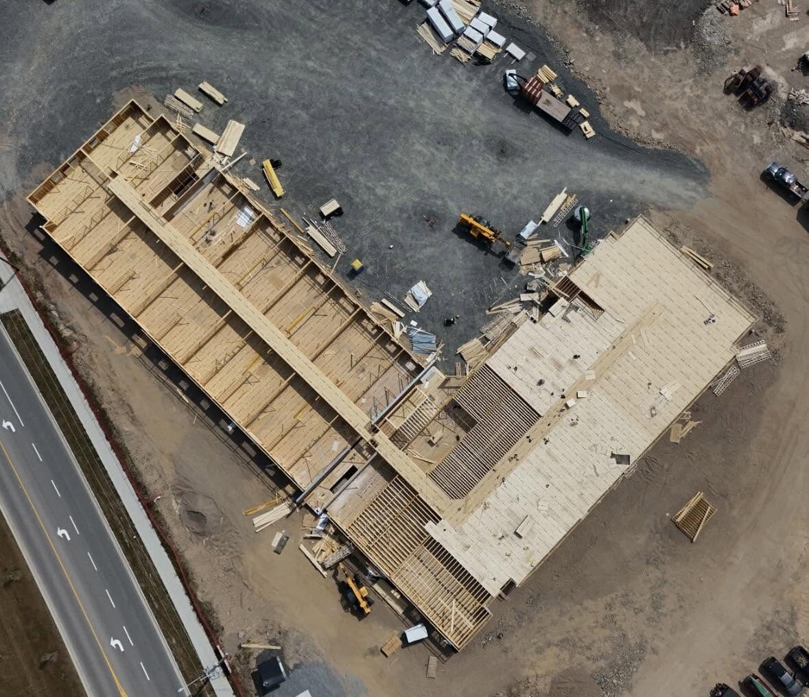 Overhead view of the floor deck being framed early in the build