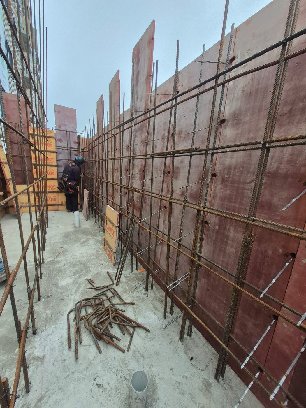 Tied rebar standing in the wall formwork before the pour