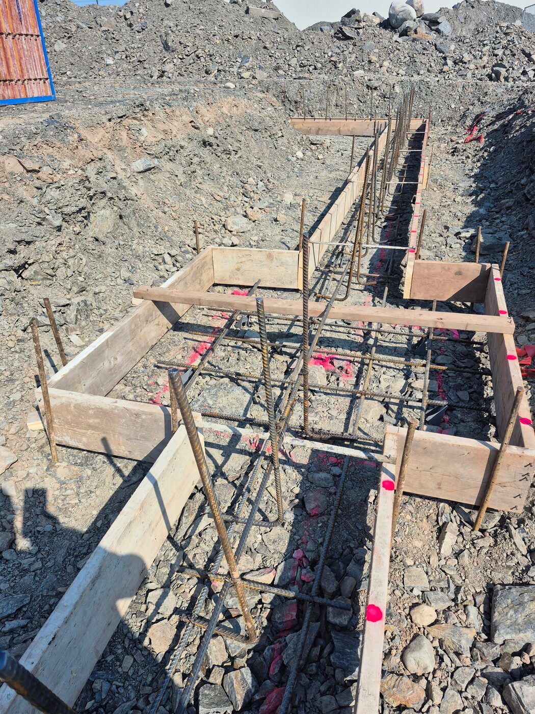 Formed and tied footing with rebar running the length of the trench