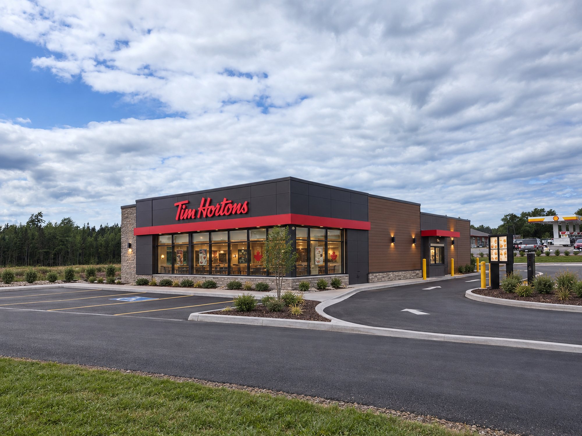 Visualisation of the completed Tim Hortons at Nevers Road — not a photograph of the finished building