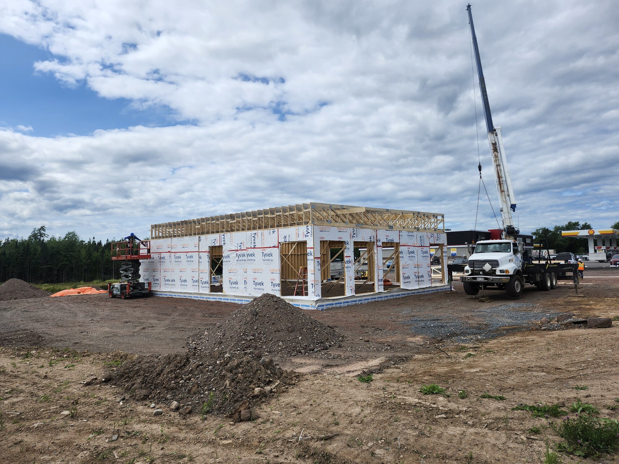 Tim Hortons at Nevers Road framed and sheathed with the crane still on site
